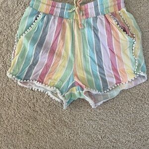 Rainbow Striped Kids Shorts with Pom-Pom Trim